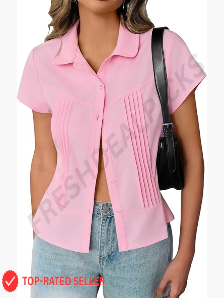 Pleated Button Down Shirt Slim Fit Chic Casual Blouse Summer Essential